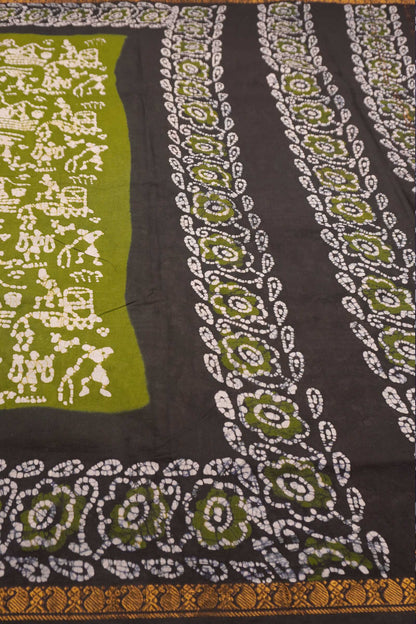 Olive Green Pure Sungudi Cotton Warli Style Print Zari  Border Saree
