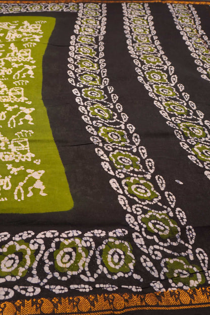 Olive Green Pure Sungudi Cotton Warli Style Print Zari Mango Tower Border Saree