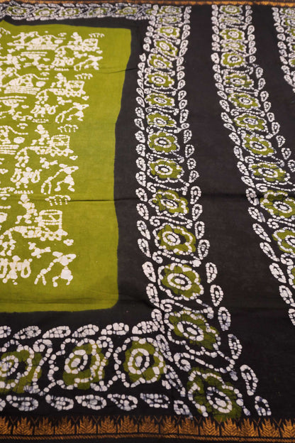 Olive Green Pure Sungudi Cotton Warli Style Print Zari Gopuram Border Saree