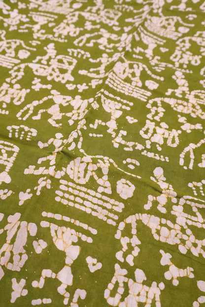 Olive Green Pure Sungudi Cotton Warli Style Print Zari Mango Tower Border Saree