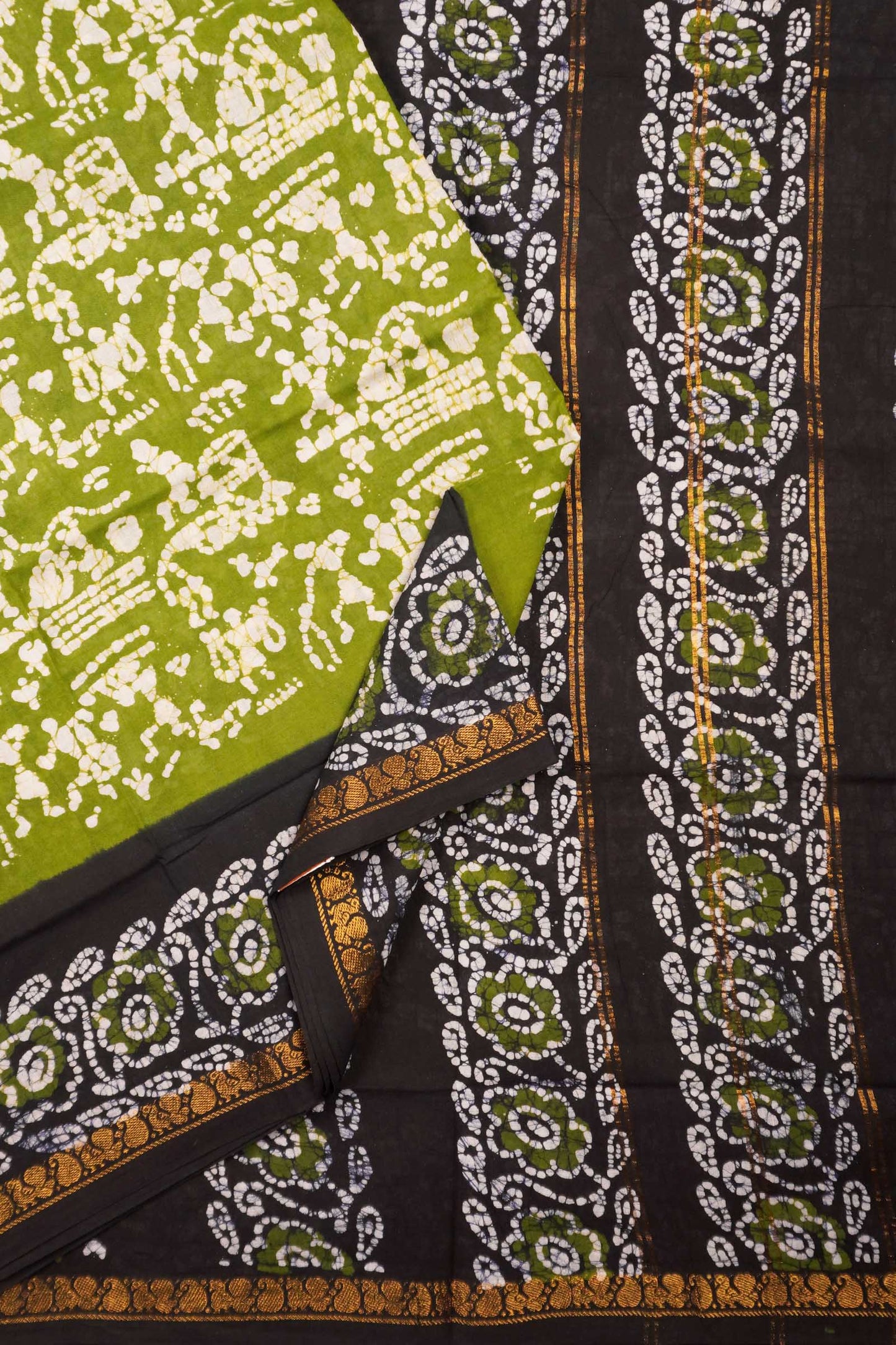 Olive Green Pure Sungudi Cotton Warli Style Print Zari  Peacock Border Saree