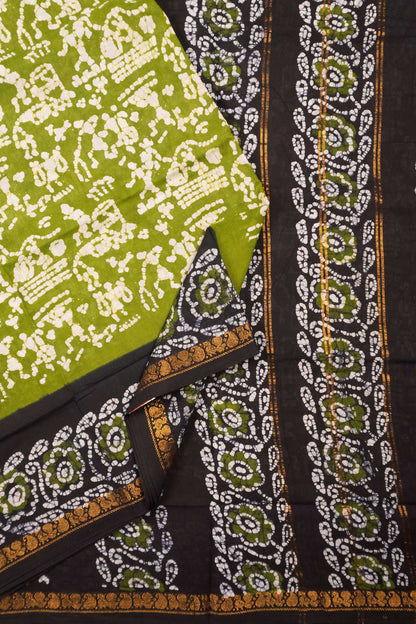 Olive Green Pure Sungudi Cotton Warli Style Print Zari  Peacock Border Saree
