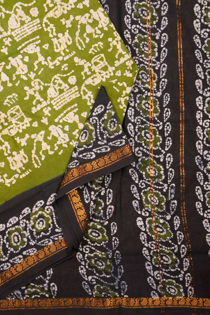 Olive Green Pure Sungudi Cotton Warli Style Print Zari  Border Saree