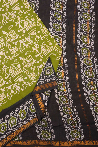 Olive Green Pure Sungudi Cotton Warli Style Print Zari Mango Tower Border Saree