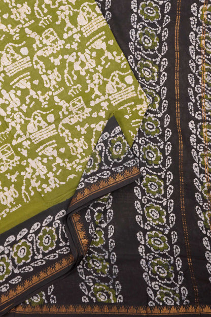 Olive Green Pure Sungudi Cotton Warli Style Print Zari Gopuram Border Saree