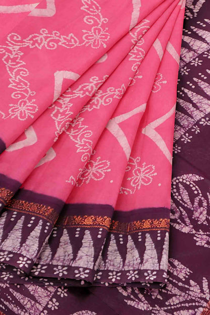 Pink Pure Sungudi Cotton Chevron Stripes Zari Mango Border Saree