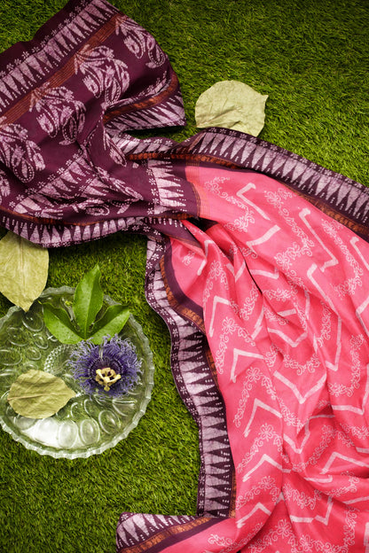 Pink Pure Sungudi Cotton Chevron Stripes Zari Peacock Border Saree