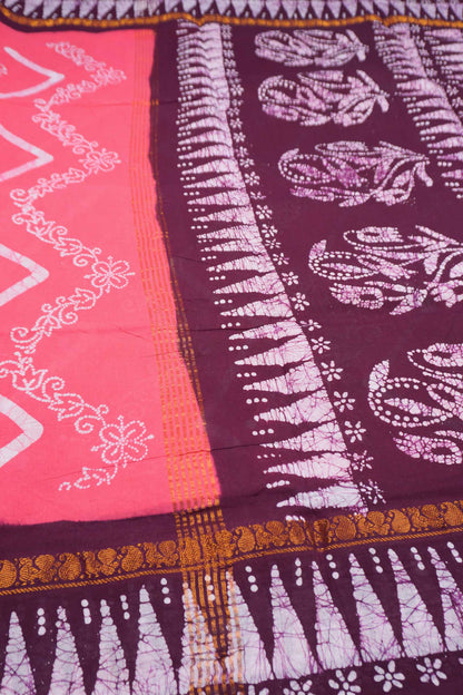 Pink Pure Sungudi Cotton Chevron Stripes Zari Peacock Border Saree