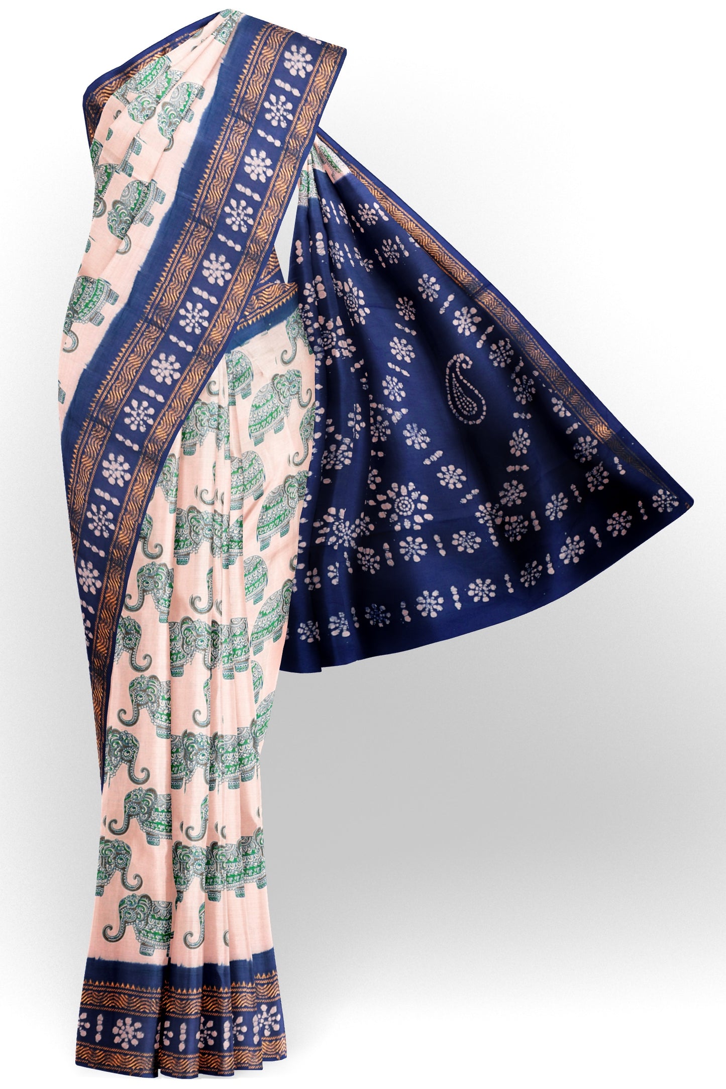 Off White Pure Sungudi Cotton Elephant Print Zari  Border Mango Pallu Saree