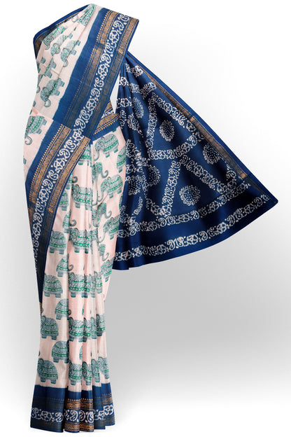 Off White Pure Sungudi Cotton Elephant Print Zari  Border Saree