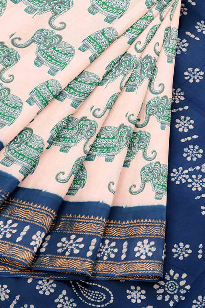 Off White Pure Sungudi Cotton Elephant Print Zari  Border Mango Pallu Saree