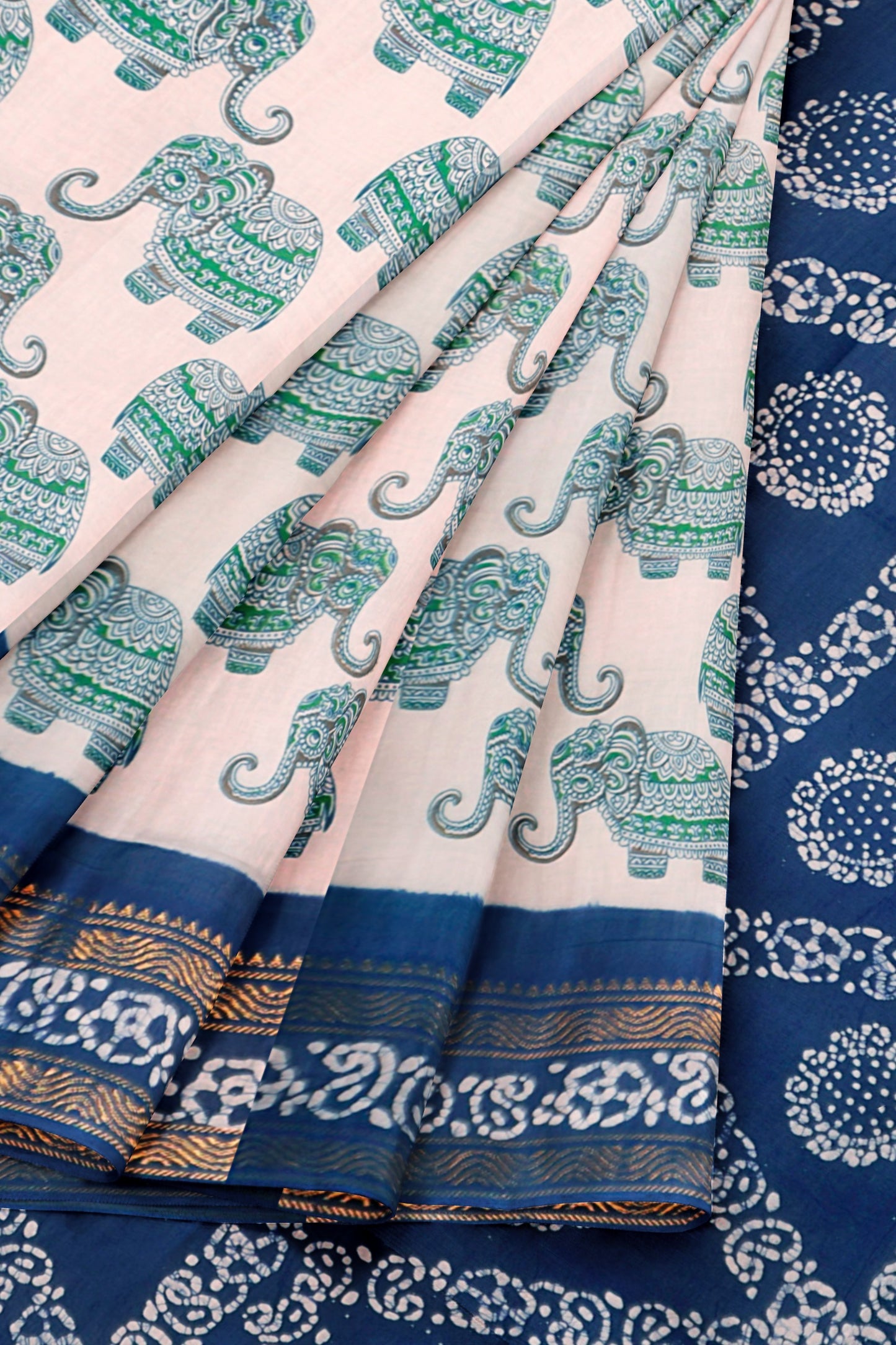 Off White Pure Sungudi Cotton Elephant Print Zari  Border Saree