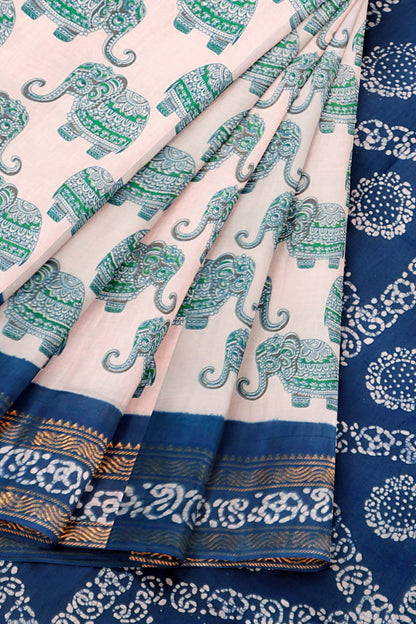 Off White Pure Sungudi Cotton Elephant Print Zari  Border Saree