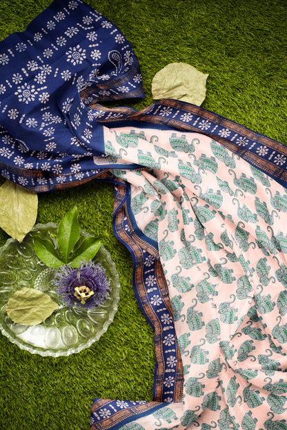 Off White Pure Sungudi Cotton Elephant Print Zari  Border Mango Pallu Saree