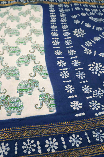 Off White Pure Sungudi Cotton Elephant Print Zari  Border Mango Pallu Saree