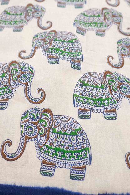 Off White Pure Sungudi Cotton Elephant Print Zari  Border Mango Pallu Saree