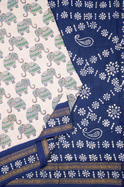 Off White Pure Sungudi Cotton Elephant Print Zari  Border Mango Pallu Saree