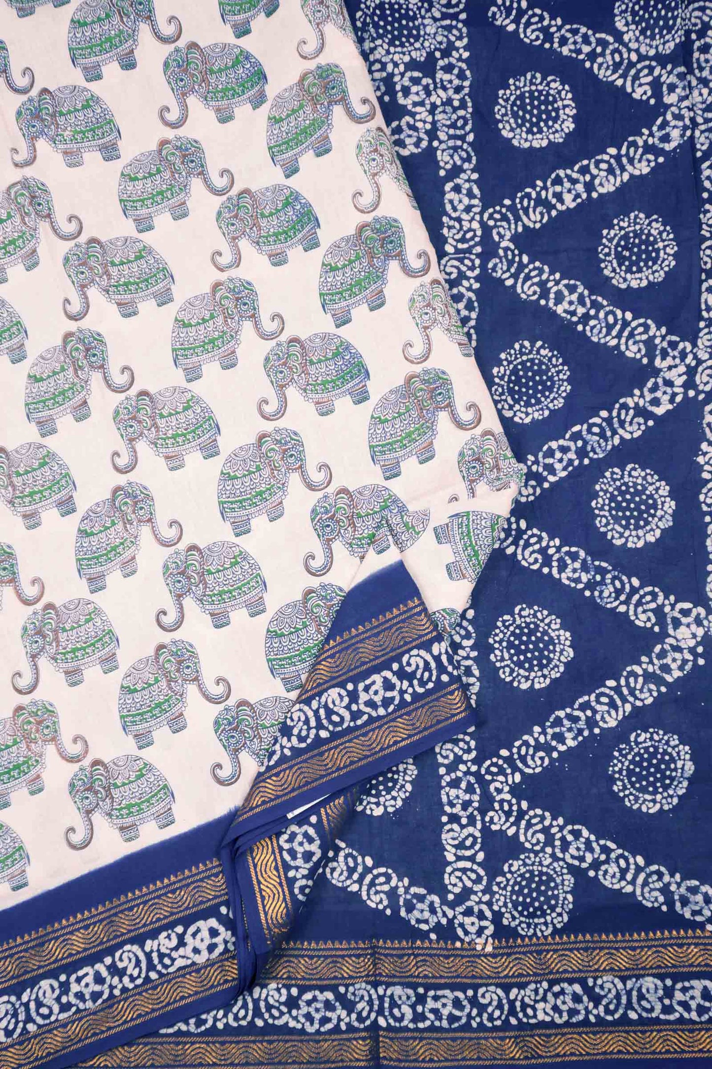 Off White Pure Sungudi Cotton Elephant Print Zari  Border Saree