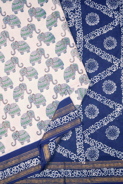 Off White Pure Sungudi Cotton Elephant Print Zari  Border Saree