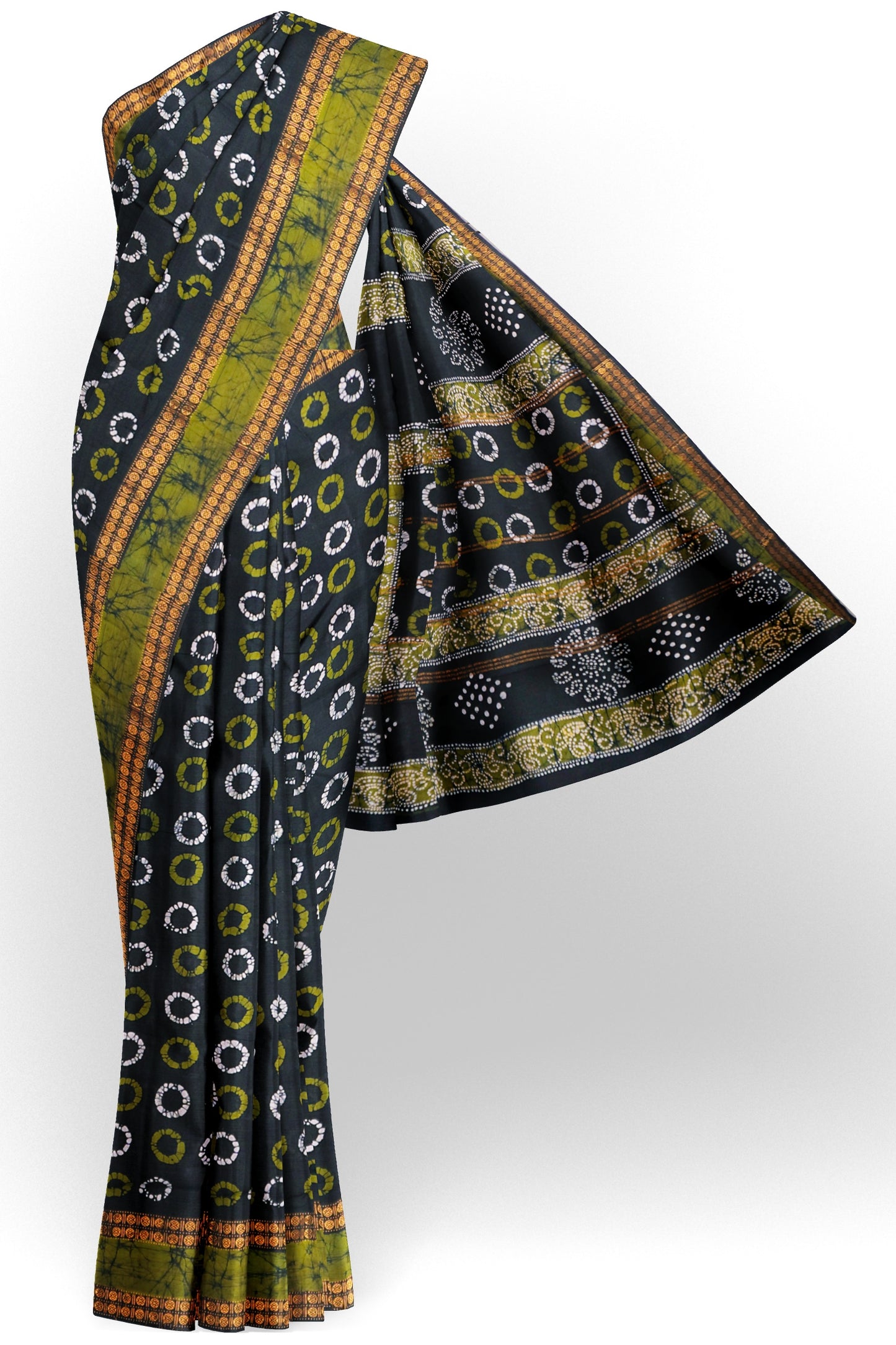 Black Pure Sungudi Cotton Cosmic Dots Print Double Pet Border Saree