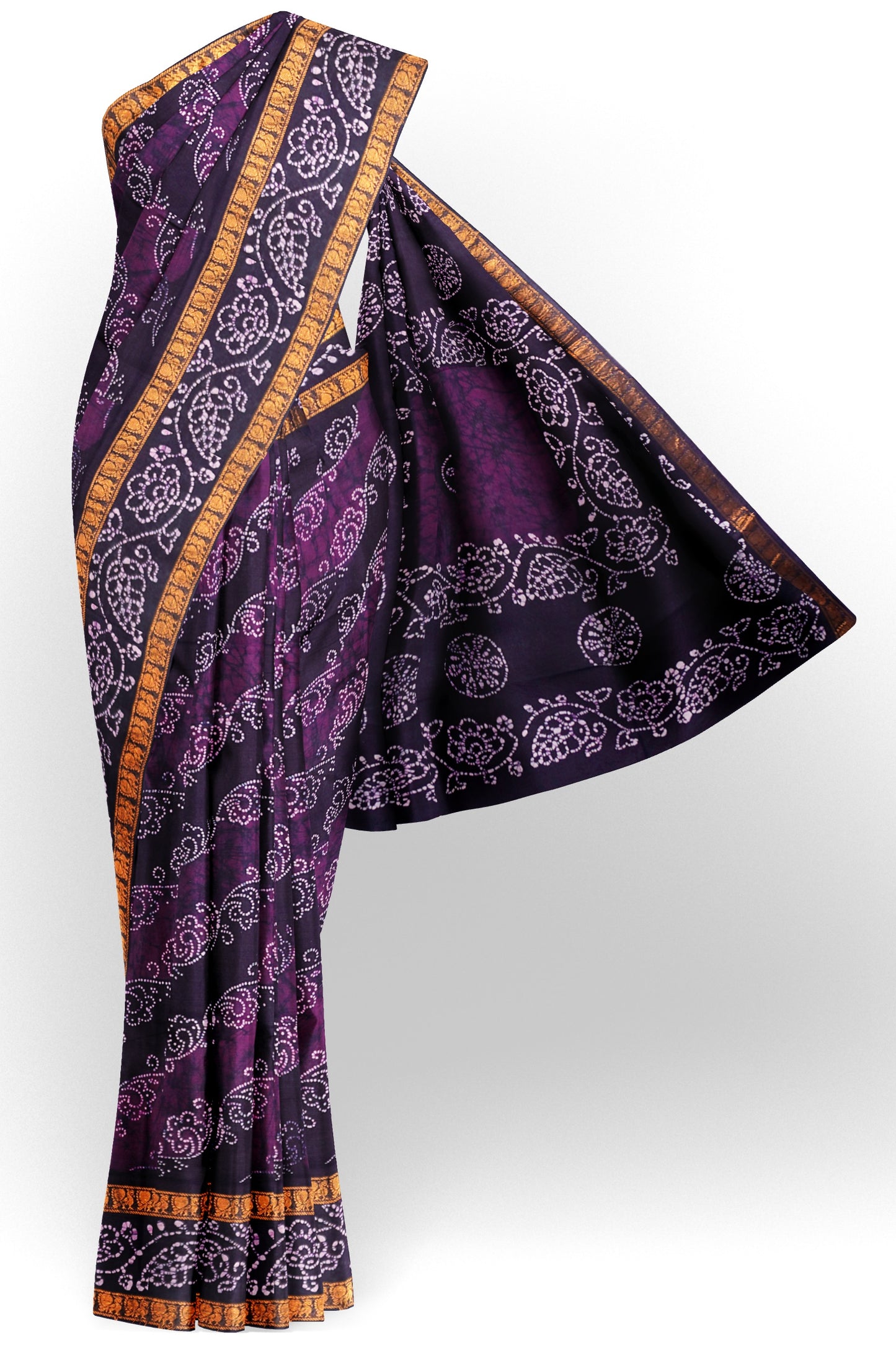 Dark Violet Pure Sungudi Double Floral  Cross Print Peacock Border Saree