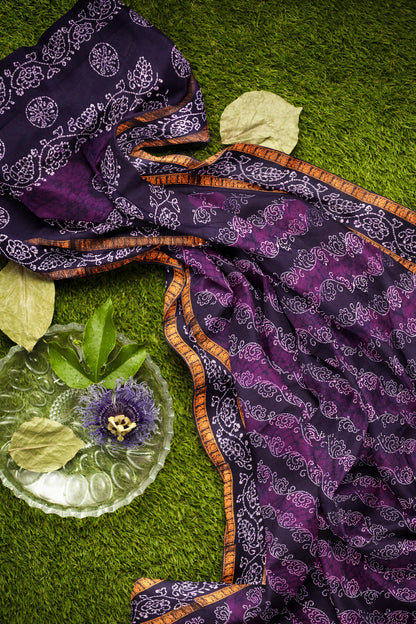 Dark Violet Pure Sungudi Double Floral  Cross Print Peacock Border Saree
