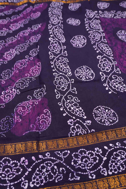 Dark Violet Pure Sungudi Double Floral  Cross Print Peacock Border Saree
