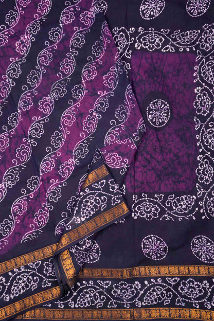 Dark Violet Pure Sungudi Double Floral  Cross Print Peacock Border Saree