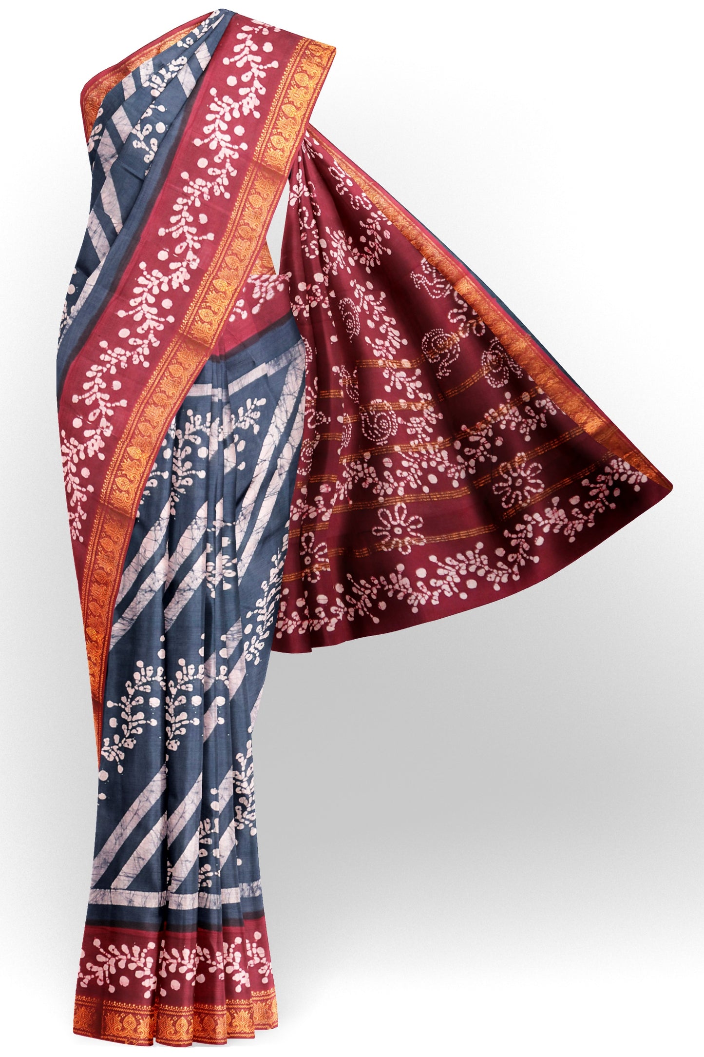 Grey Pure Sungudi Cotton Fancy Cross Line Print Zari Border Contrast Pallu Saree