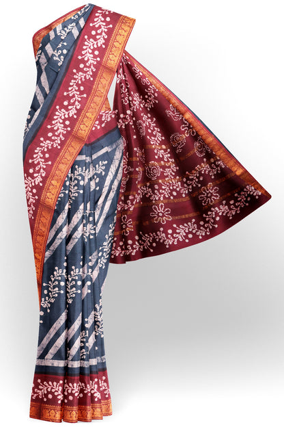 Grey Pure Sungudi Cotton Fancy Cross Line Print Zari Border Contrast Pallu Saree