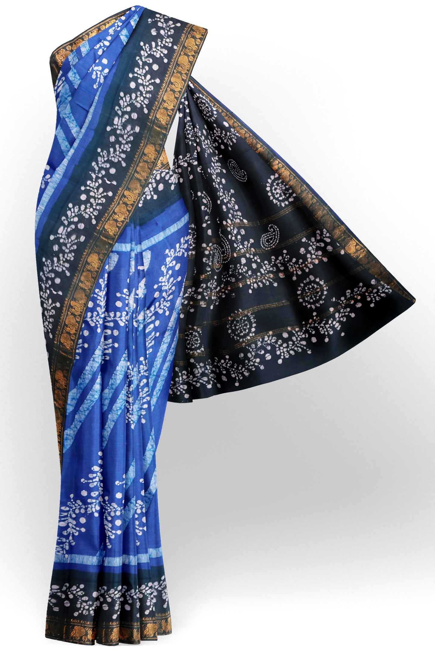Blue Pure Sungudi Cotton Fancy Cross Line Print Zari Border Mango Pallu Saree