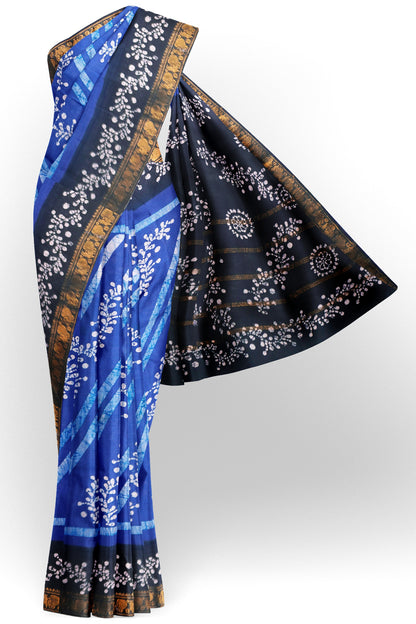 Blue Pure Sungudi Cotton Fancy Leheriya Style Line Print Peacock Zari  Border Saree