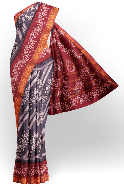 Grey Pure Sungudi Cotton Fancy Cross Floral Vines Print Zari  Border Saree
