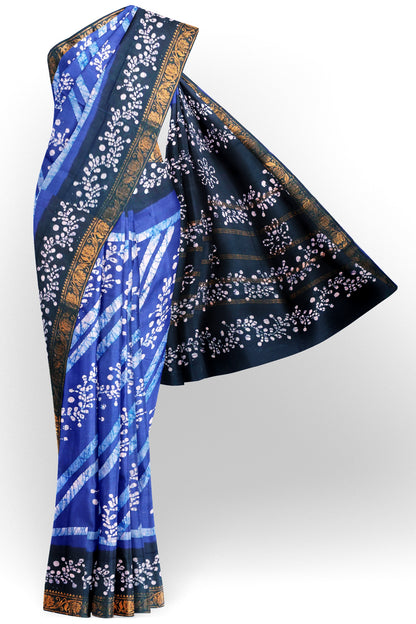 Blue Pure Sungudi Cotton Cross Floral Vine Stripes Zari  Border Saree