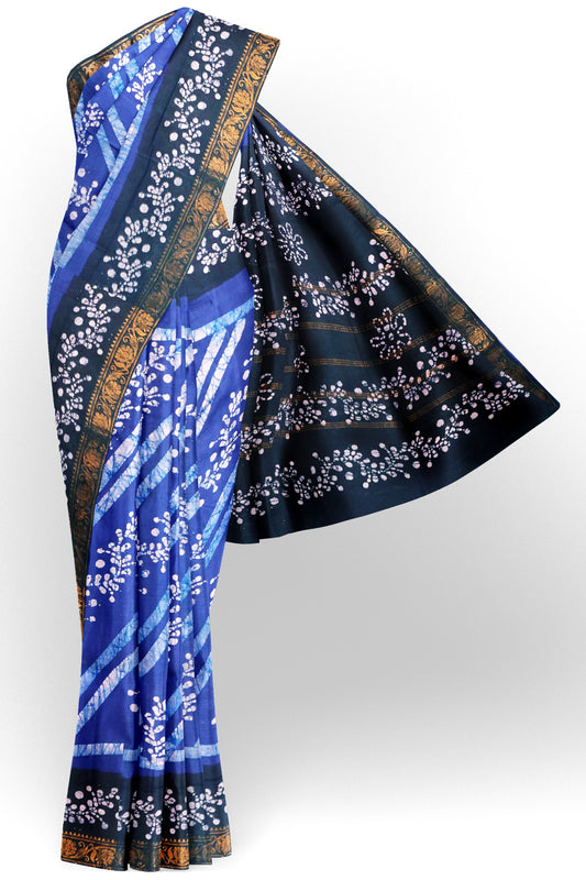 Blue Pure Sungudi Cotton Cross Floral Vine Stripes Zari  Border Saree