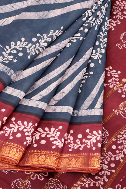 Grey Pure Sungudi Cotton Fancy Cross Line Print Zari Border Contrast Pallu Saree