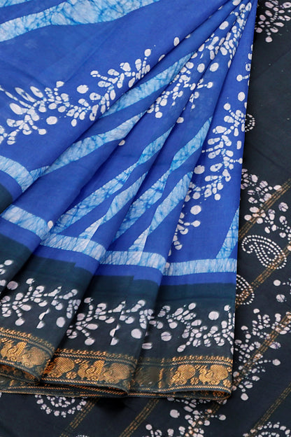 Blue Pure Sungudi Cotton Fancy Cross Line Print Zari Border Mango Pallu Saree