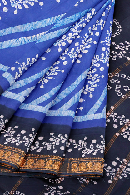 Blue Pure Sungudi Cotton Fancy Cross Line Print Zari  Border Saree