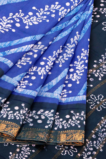 Blue Pure Sungudi Cotton Cross Floral Vine Stripes Zari  Border Saree
