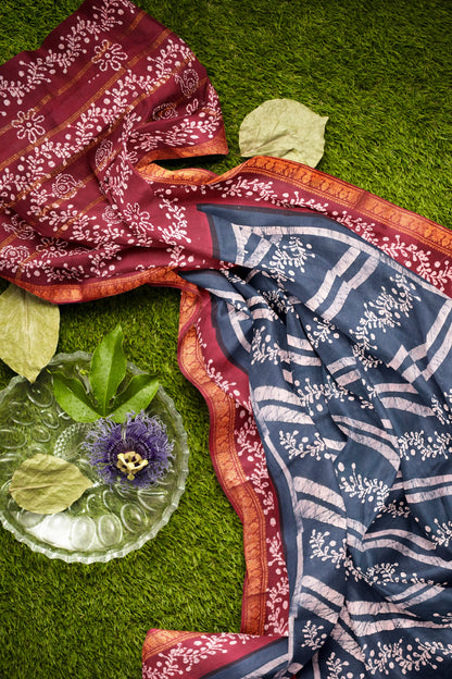 Grey Pure Sungudi Cotton Fancy Cross Line Print Zari Border Contrast Pallu Saree