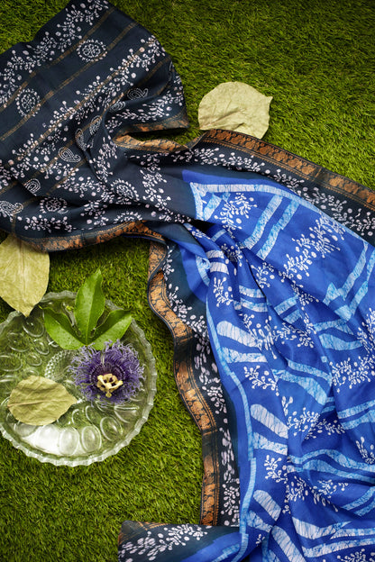 Blue Pure Sungudi Cotton Fancy Cross Line Print Zari Border Mango Pallu Saree