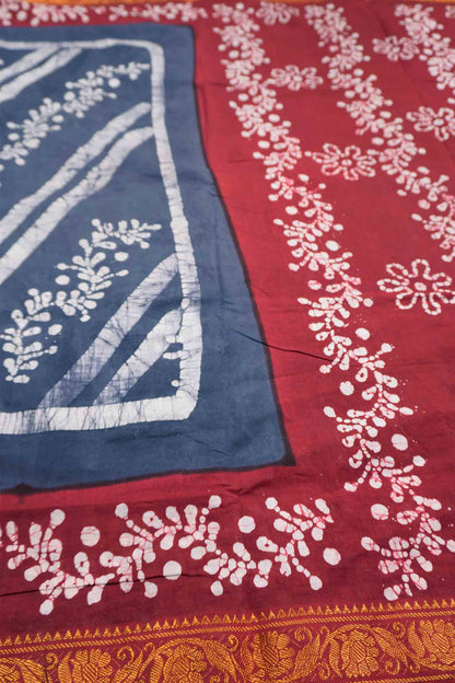 Grey Pure Sungudi Cotton Fancy Cross Floral Line Print Zari  Border Saree