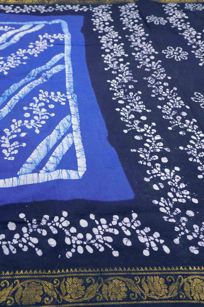 Blue Pure Sungudi Cotton Cross Floral Vine Stripes Zari  Border Saree