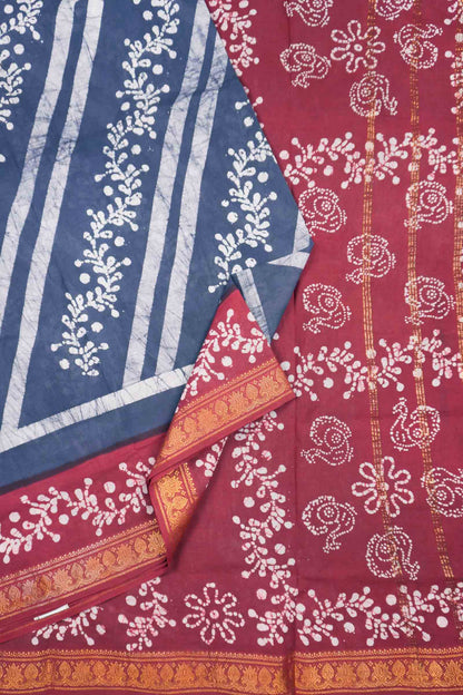 Grey Pure Sungudi Cotton Fancy Cross Line Print Zari Border Contrast Pallu Saree