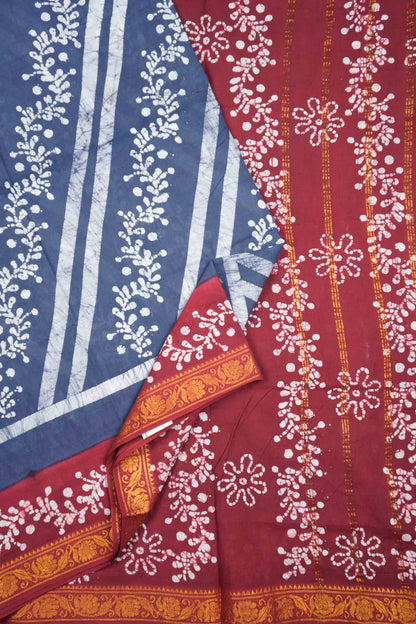 Grey Pure Sungudi Cotton Fancy Cross Floral Line Print Zari  Border Saree