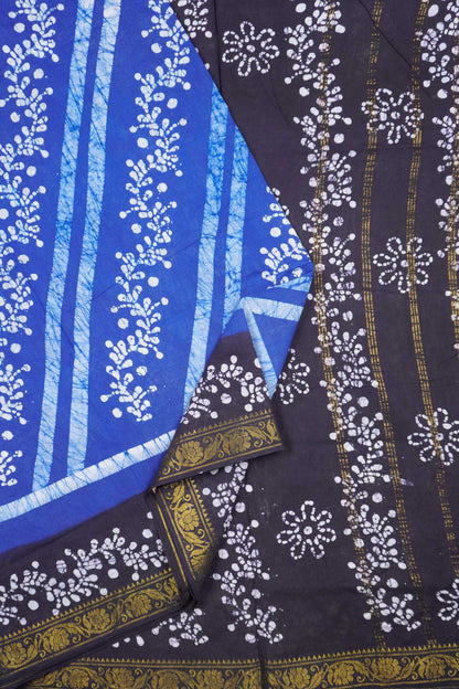 Blue Pure Sungudi Cotton Cross Floral Vine Stripes Zari  Border Saree