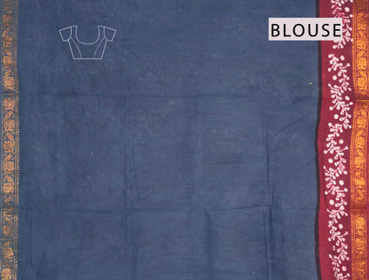 Grey Pure Sungudi Cotton Fancy Cross Floral Line Print Zari  Border Saree