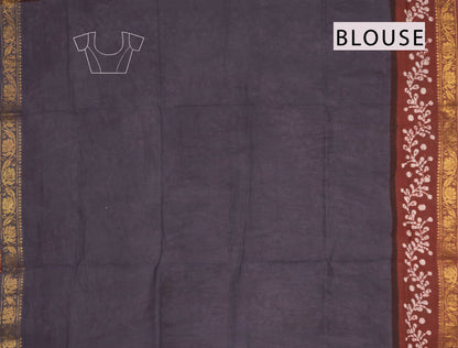 Grey Pure Sungudi Cotton Fancy Cross Floral Vines Print Zari  Border Saree