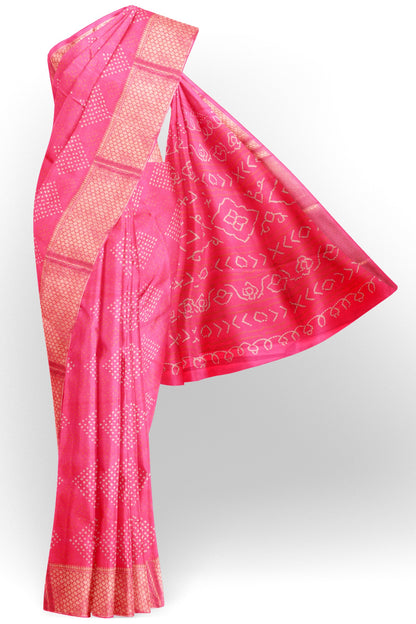 Hot Pink Semi Dola Mirror Dots Print Zari Border Saree