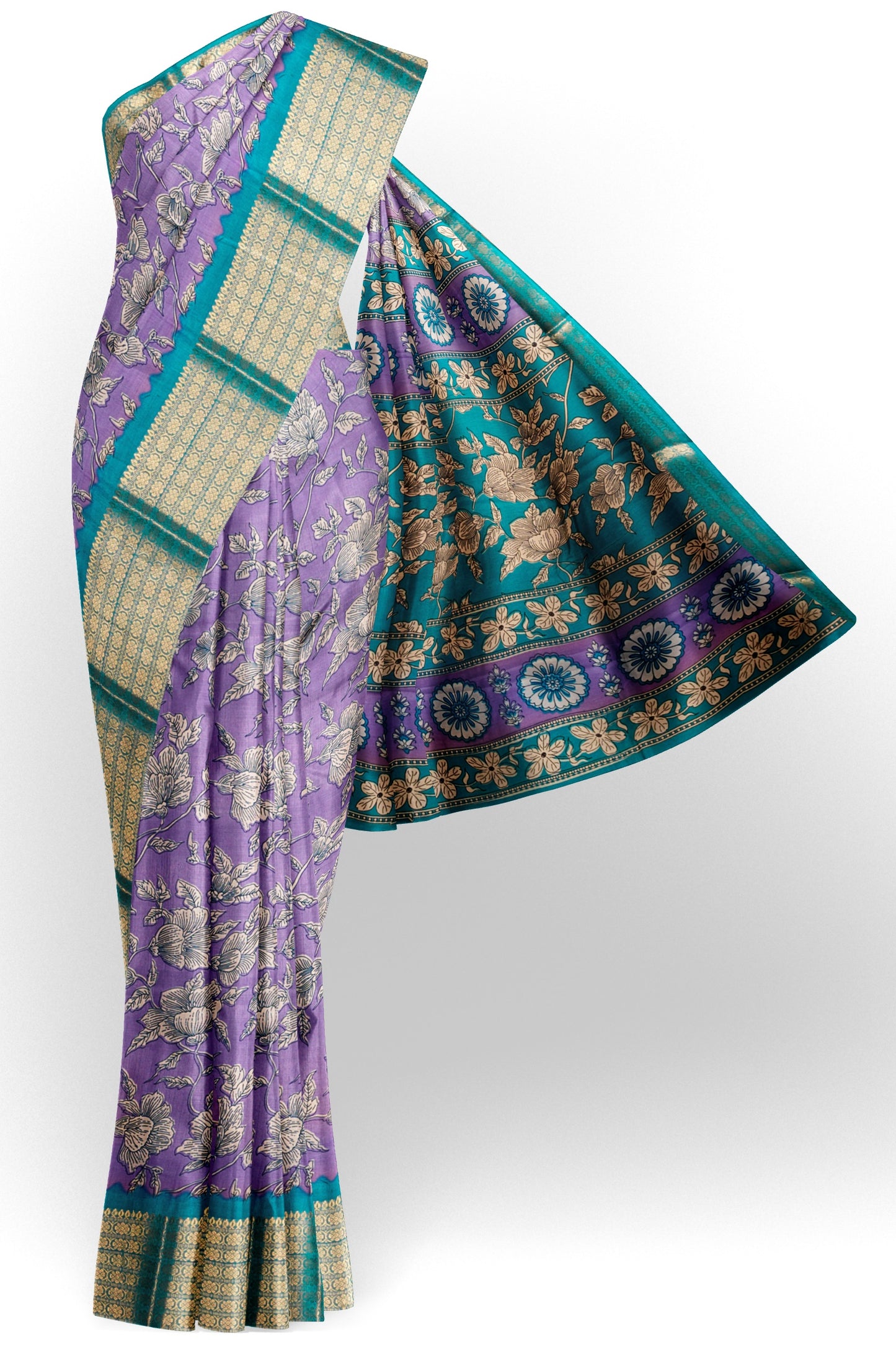 Violet Semi Dola Summer Florals Print Zari Border Saree